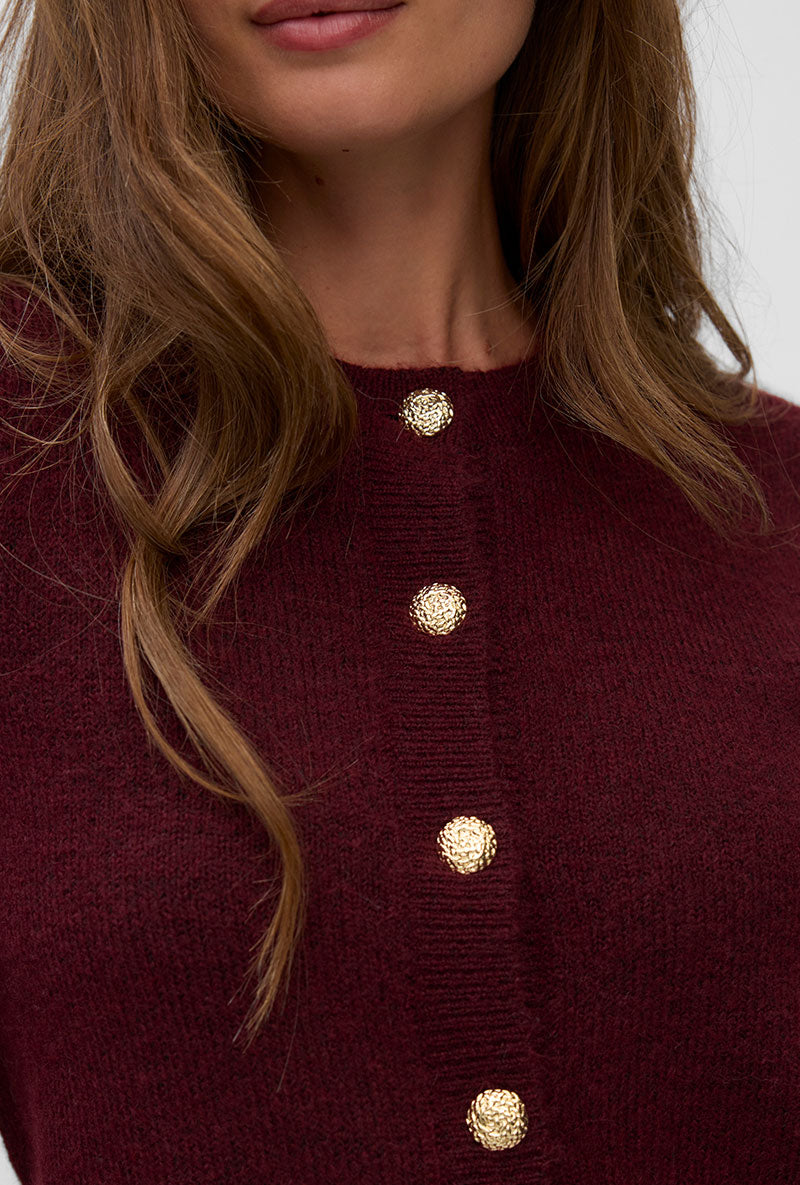 Front image of a model wearing Hazel ls oneck cardigan in burgundy, by brand Vero moda