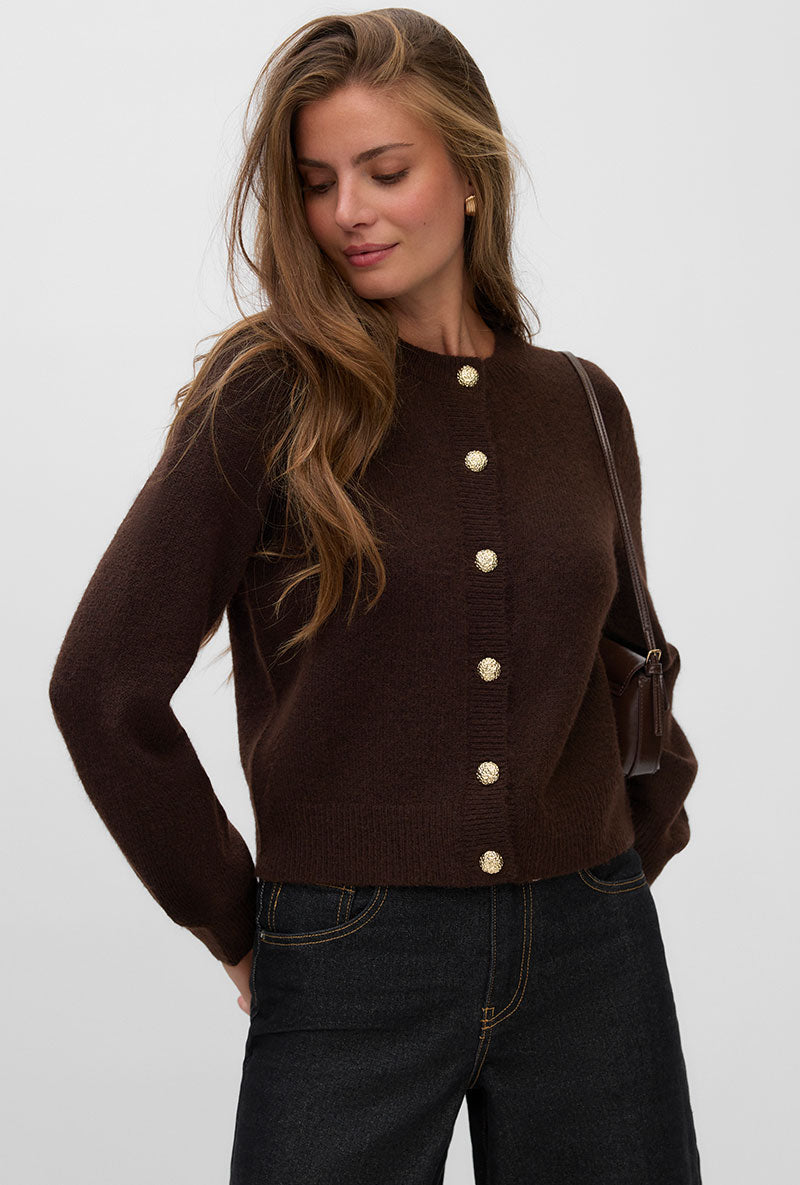 Front image of a model wearing Hazel ls oneck cardigan in chocolate, by brand Vero moda