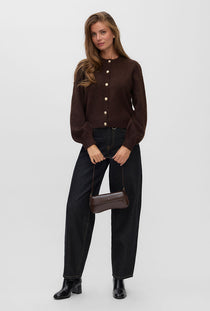 Front image of a model wearing the Hazel ls oneck cardigan in chocolate, by brand Vero moda