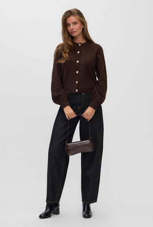 Front image of a model wearing the Hazel ls oneck cardigan in chocolate, by brand Vero moda