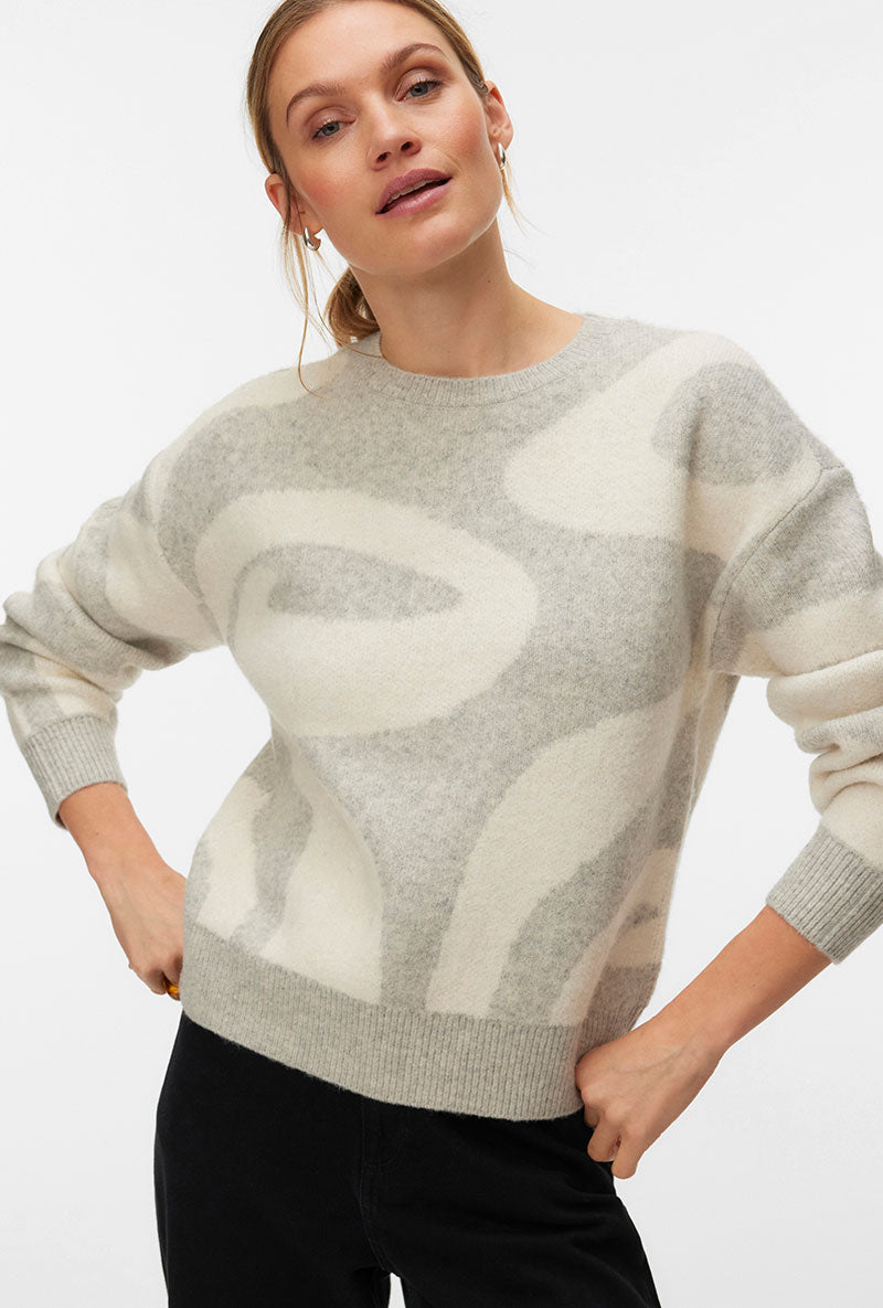 Front image of a model wearing Lara ls oneck pullover in light grey, by brand Vero moda