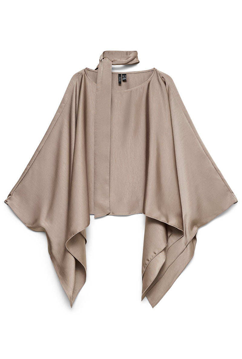 Front image of a model wearing Miro ls cape scarf top in bronze, by brand Vero moda