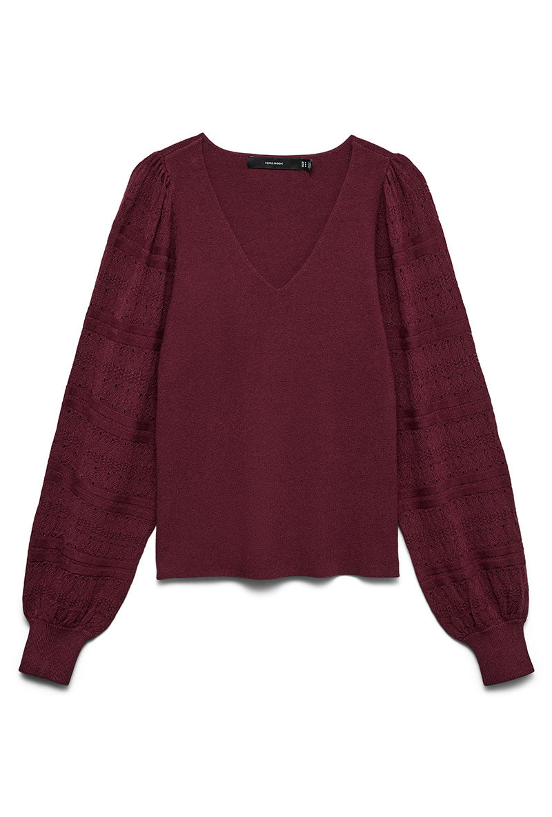 Front image of New limone ls vneck pullover in burgundy, by brand Vero moda