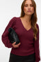 Front image of a model wearing the New limone ls vneck pullover in burgundy, by brand Vero moda