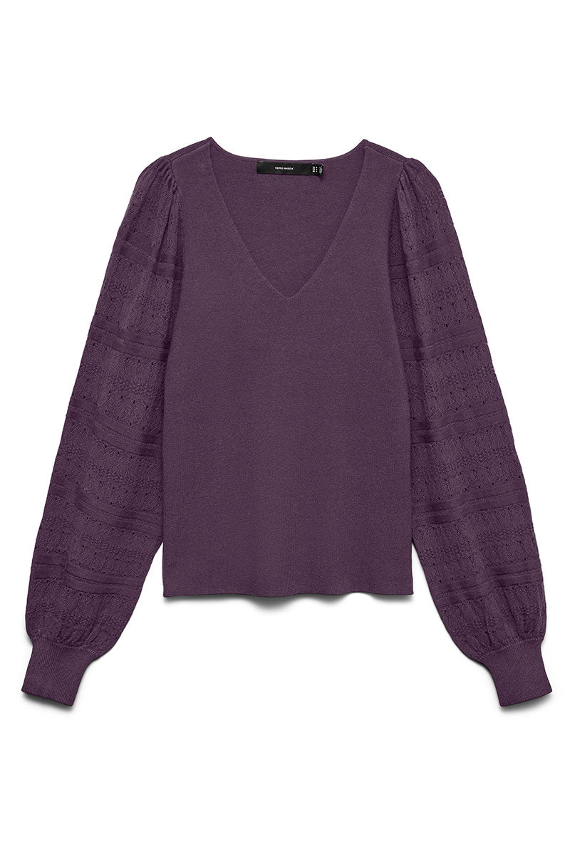 Front image of Puff ls oneck pullover in purple, by brand Vero moda