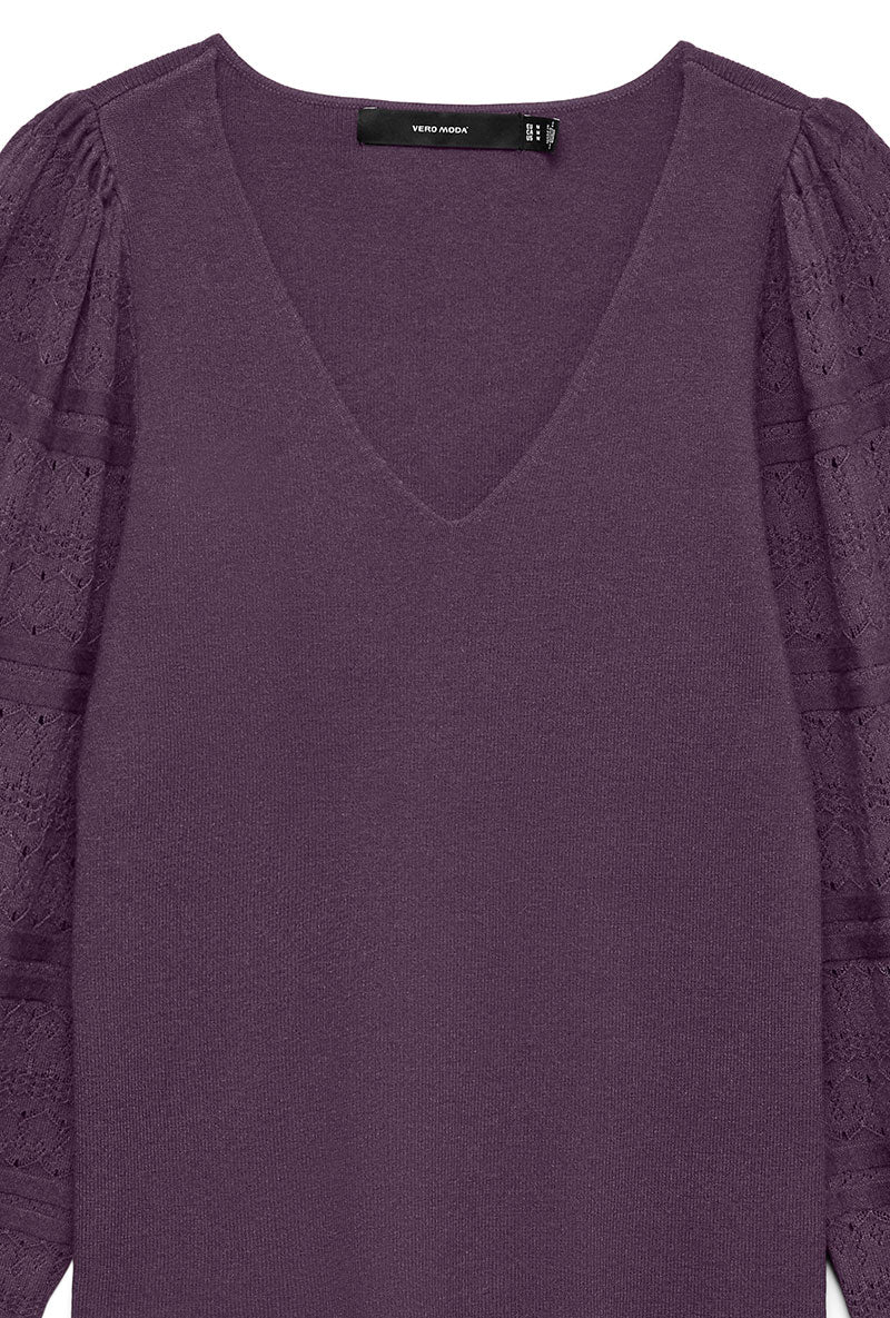 Front detailed image of Puff ls oneck pullover in purple, by brand Vero moda