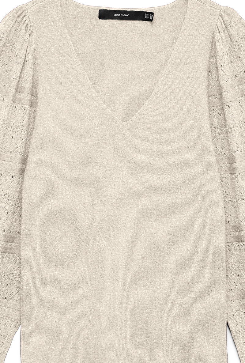 Front detailed image of Puff ls oneck pullover in off white, by brand Vero moda