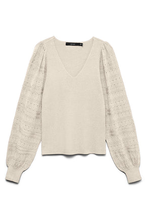 Front image of Puff ls oneck pullover in off white, by brand Vero moda