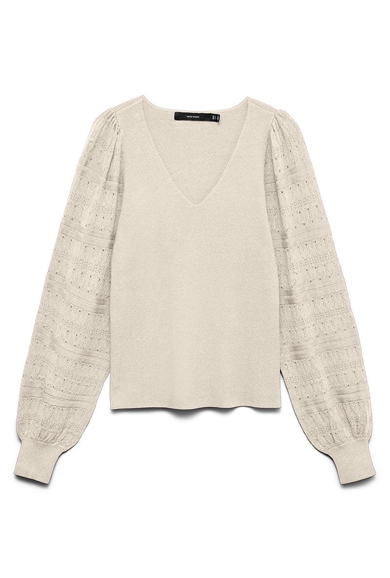 Front image of Puff ls oneck pullover in off white, by brand Vero moda