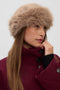 Front image of a model wearing the Safina hat in light brown, by brand Vero moda