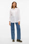 Front image of a model wearing the Linn l/s vis/linen shirt in white, by brand Vero moda